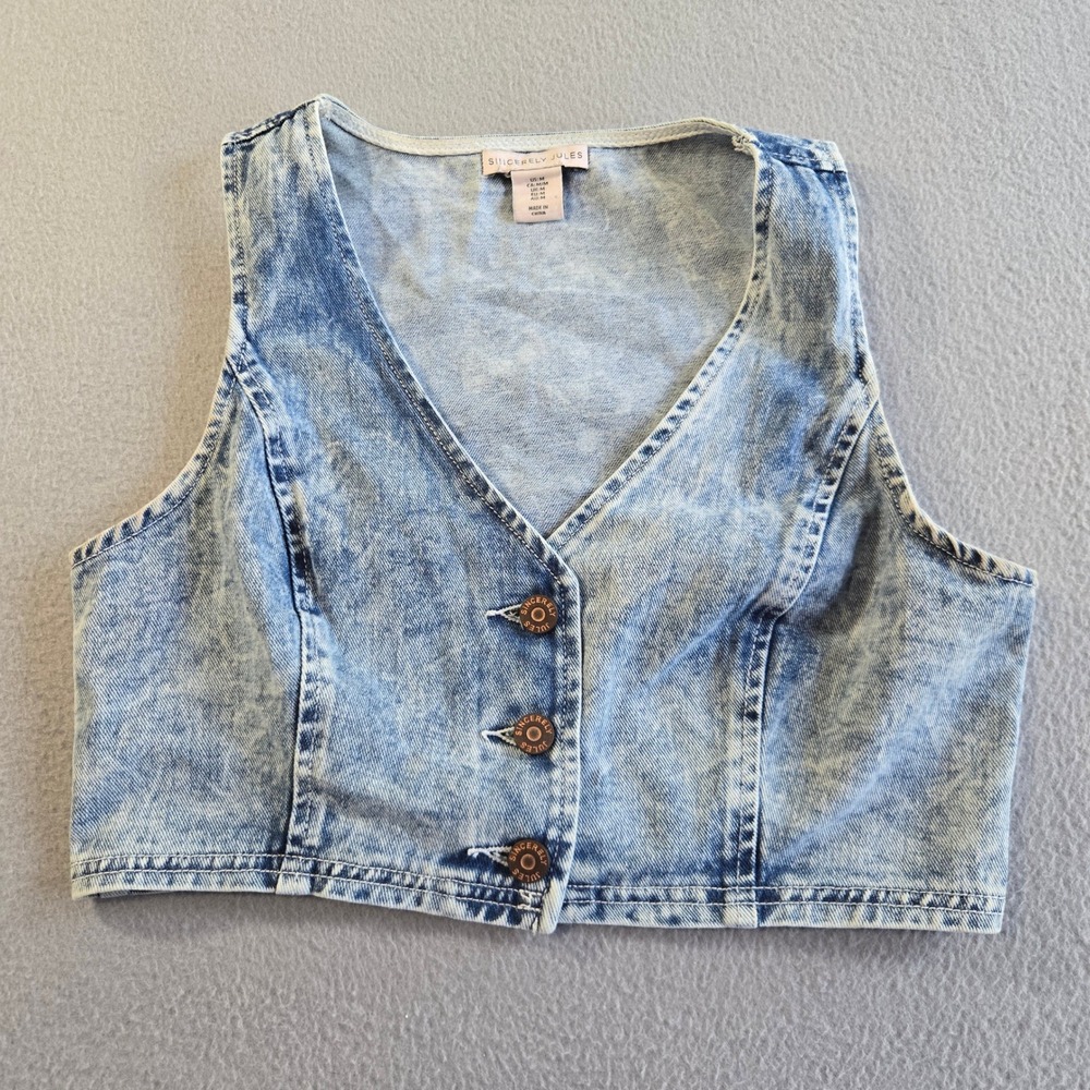Sincerely Jules Denim Vest Womens Medium Light Blue Acid Wash Cropped V-Neck